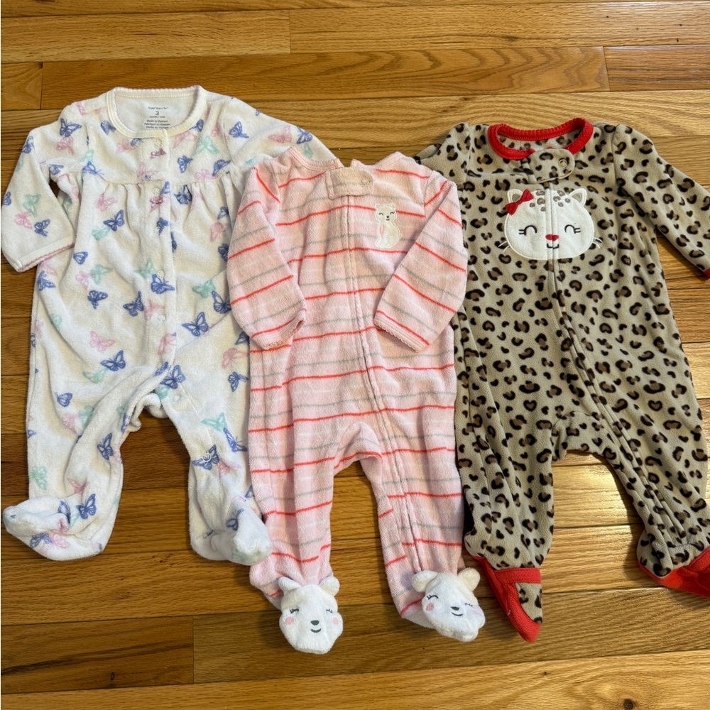Cozy 3 month baby girl sleepers- Butterfly and cat themed